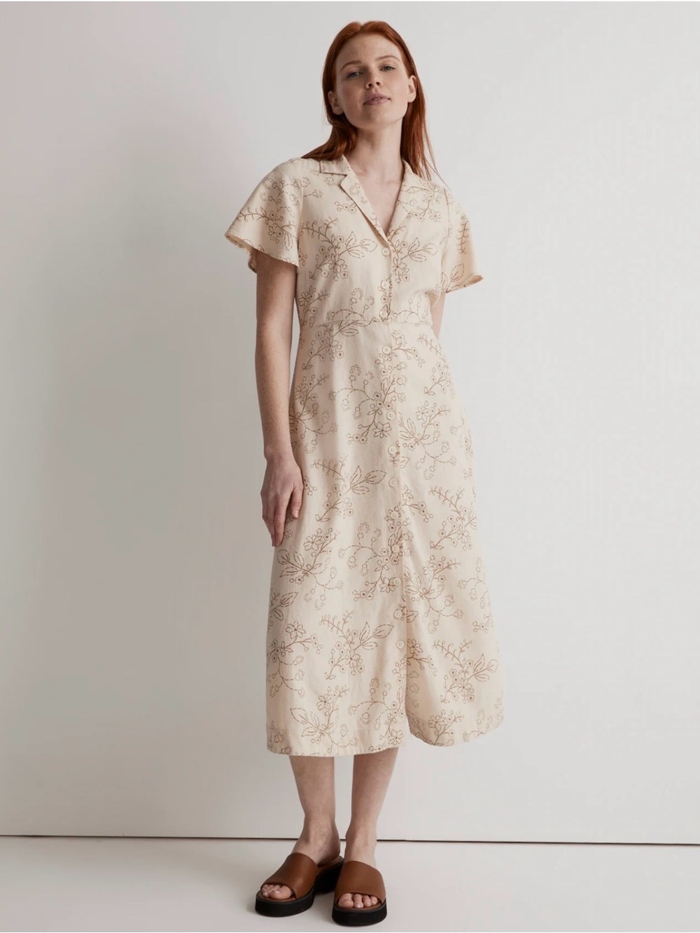 Madewell Cream Floral Button-Front Midi Dress